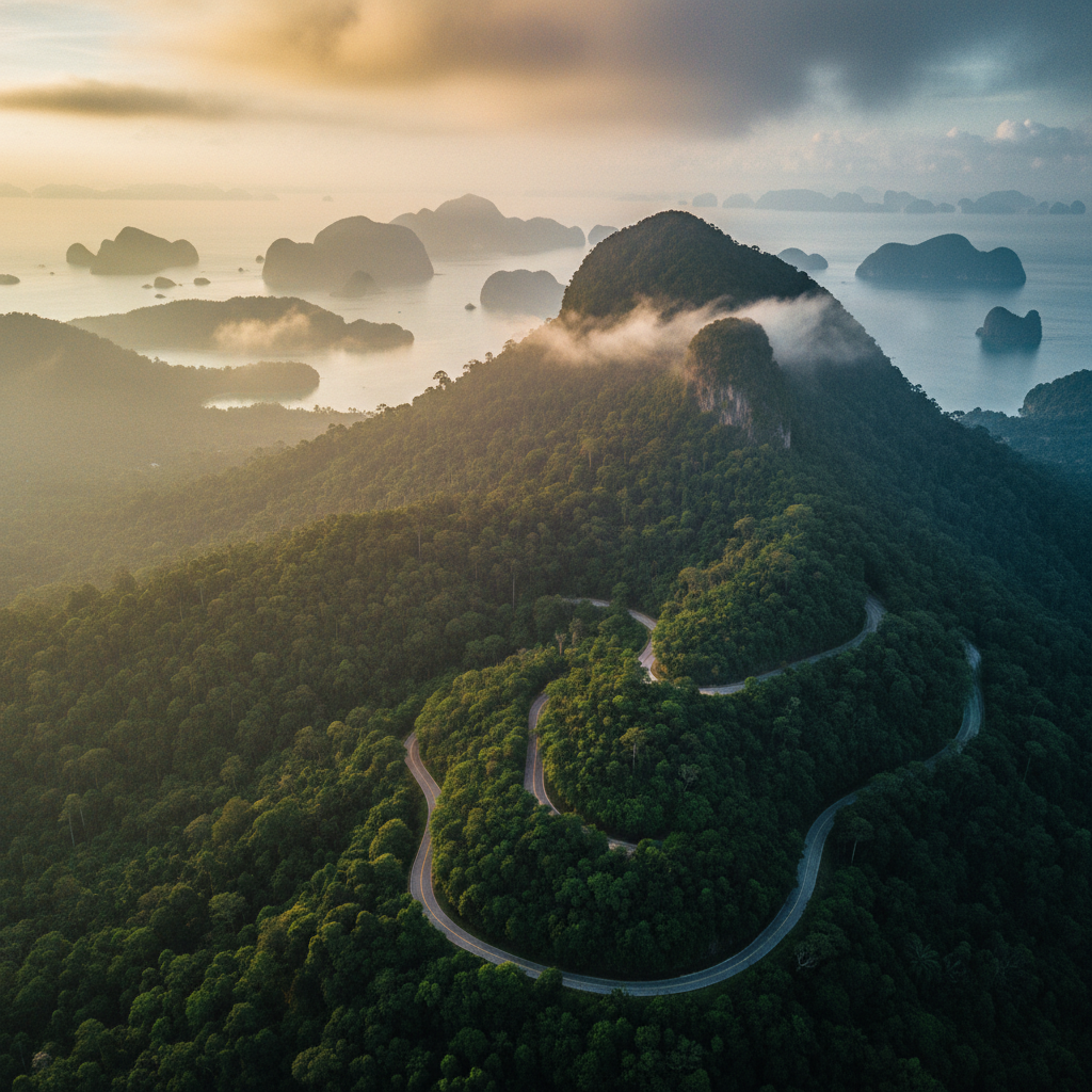 Aerial view of Gunung Raya rainforest mountain rising over Langkawi's coastline at dawn