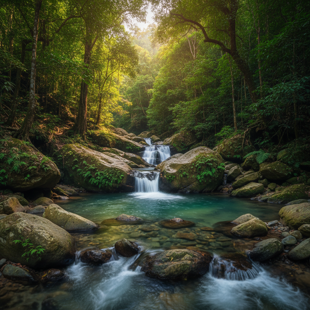 Jungle stream and waterfalls at Lubuk Semilang, at the base of Gunung Raya