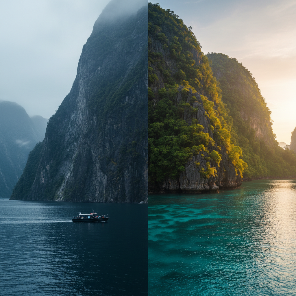 A split scene of a cold misty Norwegian fjord blending into a warm tropical Langkawi limestone lagoon