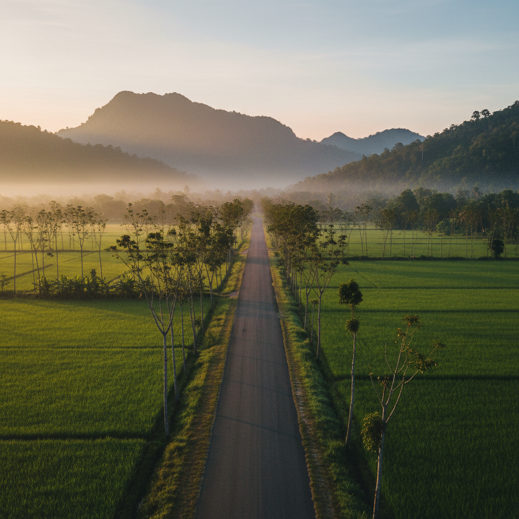 Quiet paved village backroad through rice paddies in rural Langkawi