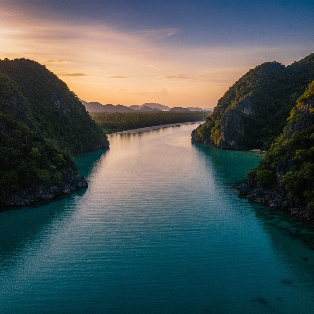 Turquoise open water channel between limestone islands near Pulau Dayang Bunting, Langkawi